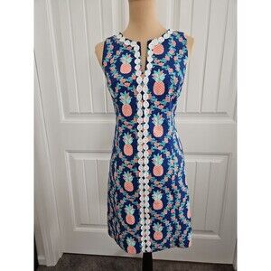 Crown & Ivy Womens US 6 Sleeveless Crochet Trim Pineapple Sheath Dress Blue